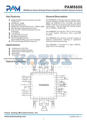 PAM8606XB datasheet - 6W Stereo Class-D Audio Power Amplifier with DC Volume Control
