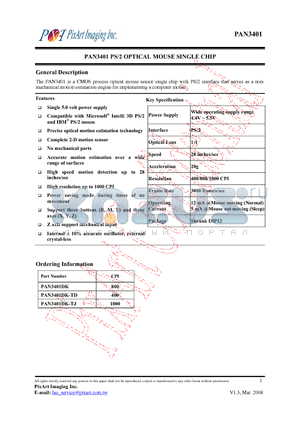 PAN3401DK datasheet - PS/2 OPTICAL MOUSE SINGLE CHIP