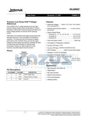 ISL60002DIH312Z-TK datasheet - Precision Low Power FGA Voltage References