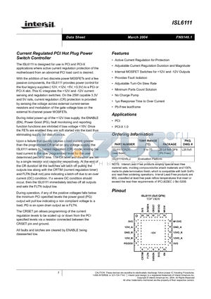 ISL6111EVAL2 datasheet - Current Regulated PCI Hot Plug Power Switch Controller