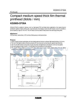 KD2003-CF30A datasheet - Compact medium speed thick film thermal printhead (8dots / mm)