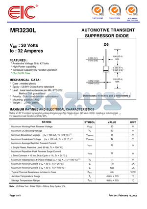 MR3230L datasheet - AUTOMOTIVE TRANSIENT SUPPRESSOR DIODE