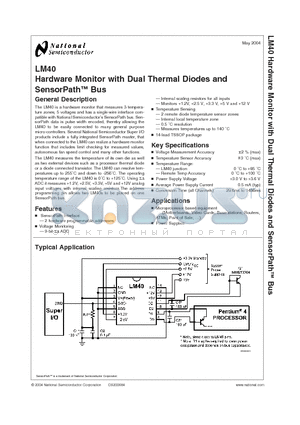 LM40 datasheet - Hardware Monitor with Dual Thermal Diodes and SensorPath Bus