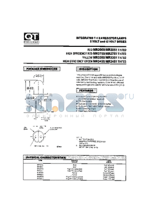 MR3450 datasheet - INTEGRATED T-1 3/4 RESISTOR LAMPS 5 VOLT AND 12 VOLT SERIES