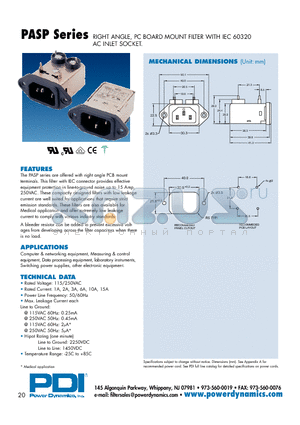 PASP01Q-00-1M2 datasheet - RIGHT ANGLE, PC BOARD MOUNT FILTER WITH IEC 60320 AC INLET SOCKET.
