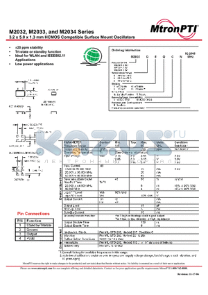 M2033D3TCN datasheet - 3.2 x 5.0 x 1.3 mm HCMOS Compatible Surface Mount Oscillators