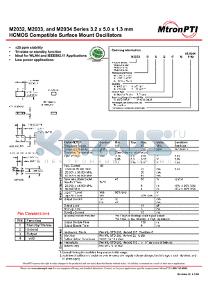 M2033D4TGN datasheet - 3.2 x 5.0 x 1.3 mm HCMOS Compatible Surface Mount Oscillators