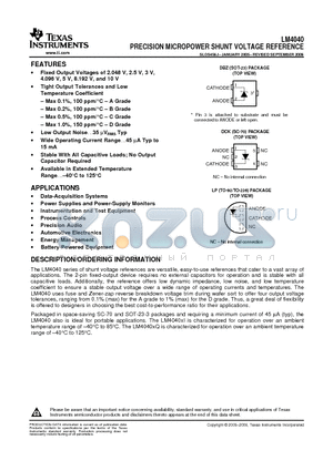 LM4040A10IDCKR datasheet - PRECISION MICROPOWER SHUNT VOLTAGE REFERENCE