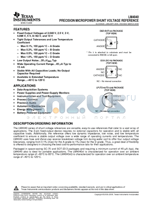 LM4040A20ILPR datasheet - PRECISION MICROPOWER SHUNT VOLTAGE REFERENCE