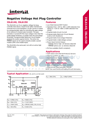 ISL6140CBZ-T datasheet - Negative Voltage Hot Plug Controller