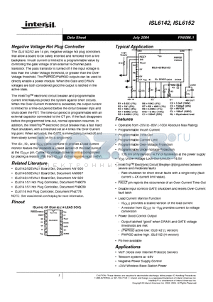 ISL6142 datasheet - Negative Voltage Hot Plug Controller