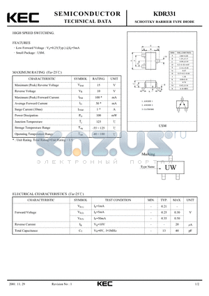 KDR331 datasheet - SCHOTTKY BARRIER TYPE DIODE(HIGH SPEED SWITCHING)