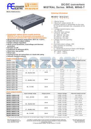 MR40D-12S15-UM datasheet - DC/DC converters MISTRAL Series MR40, MR40-T