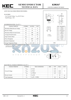 KDR367 datasheet - SCHOTTKY BARRIER TYPE DIODE(LOW VOLTAGE HIGH SPEED SWITCHING)