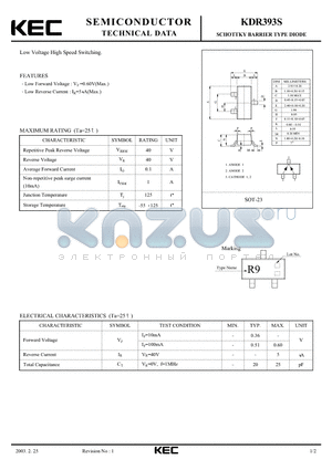 KDR393S datasheet - SCHOTTKY BARRIER TYPE DIODE(LOW VOLTAGE HIGH SPEED SWITCHING)