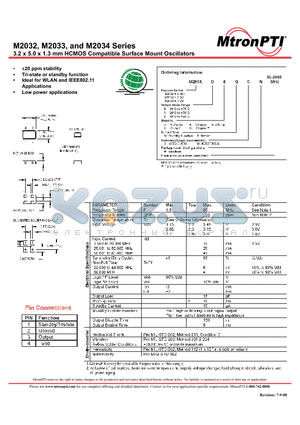M2034D5TGN datasheet - 3.2 x 5.0 x 1.3 mm HCMOS Compatible Surface Mount Oscillators
