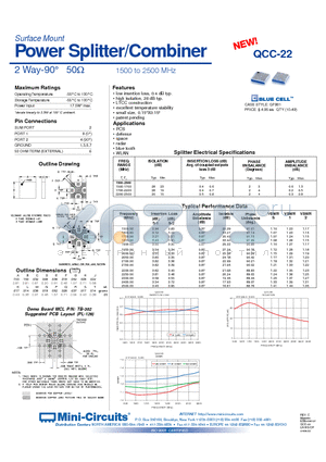 QCC-22 datasheet - Power Splitter/Combiner 2 Way-90` 50 1500 to 2500 MHz