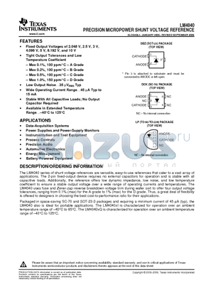 LM4040A50IDBZT datasheet - PRECISION MICROPOWER SHUNT VOLTAGE REFERENCE