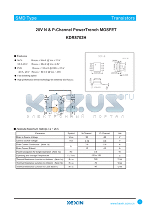KDR8702H datasheet - 20V N & P-Channel PowerTrench MOSFET