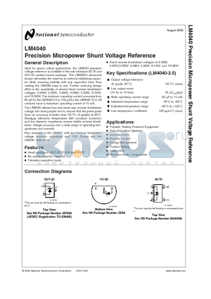LM4040AIM3X-10.0 datasheet - Precision Micropower Shunt Voltage Reference