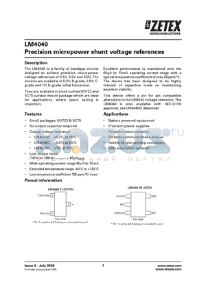LM4040B datasheet - Precision micropower shunt voltage references