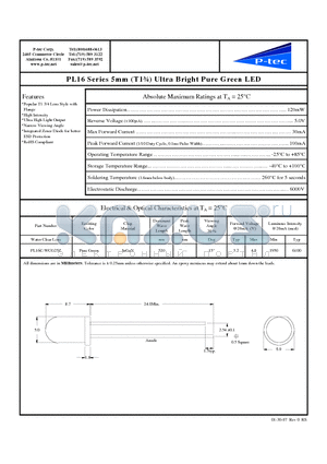 PL16C-WCG25Z datasheet - 5mm (T1n) Ultra Bright Pure Green LED