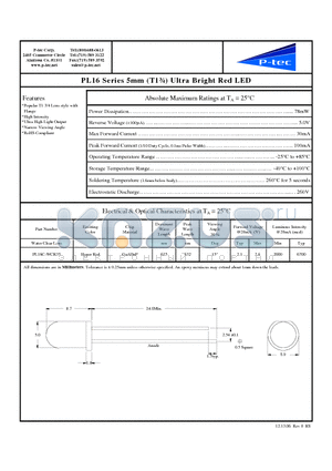 PL16C-WCR35 datasheet - 5mm (T1n) Ultra Bright Red LED