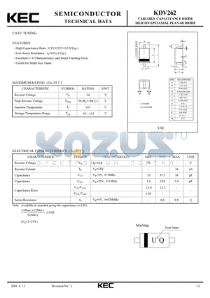 KDV262 datasheet - VARIABLE CAPACITANCE DIODE SILICON EPITAXIAL PLANAR DIODE(CATV TUNING)