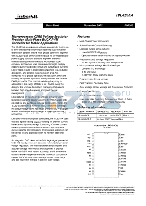 ISL6219A datasheet - Microprocessor CORE Voltage Regulator Precision Multi-Phase BUCK PWM Controller for Mobile Applications