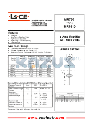 MR750 datasheet - 6Amp rectifier 50-1000 volts