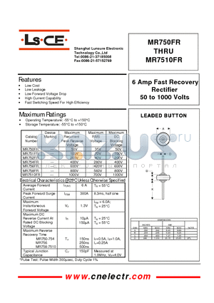 MR750FR datasheet - 6Amp fast recovery rectifier 50to100 volts