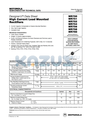 MR752 datasheet - HIGH CURRENT LEAD MOUNTED SILICON RECTIFIERS 50-1000 VOLTS DIFFUSED JUNCTION