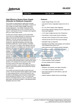 ISL6232 datasheet - High Efficiency System Power Supply Controller for Notebook Computers