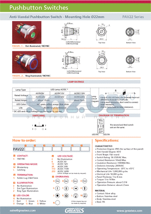 PAV22 datasheet - Anti-Vandal Pushbutton Switch - Mounting Hole 22mm