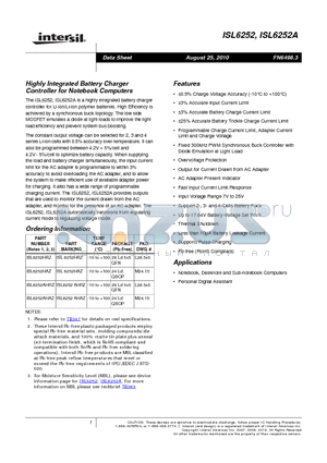 ISL6252 datasheet - Highly Integrated Battery Charger Controller for Notebook Computers