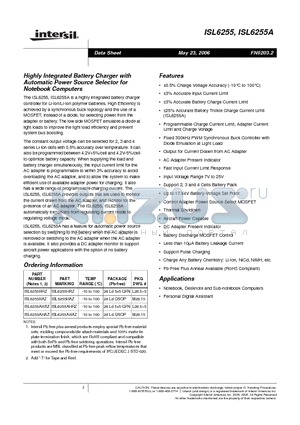 ISL6255A datasheet - Highly Integrated Battery Charger with Automatic Power Source Selector for Notebook Computers