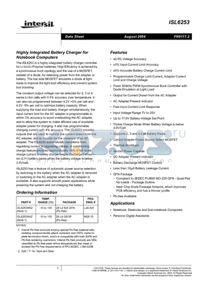 ISL6253HAZ datasheet - Highly Integrated Battery Charger for Notebook Computers