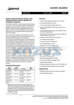 ISL6255AHAZ datasheet - Highly Integrated Battery Charger with Automatic Power Source Selector for Notebook Computers
