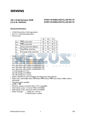 HYB3116160BSJ-70 datasheet - 1M x 16-Bit Dynamic RAM 1k & 4k -Refresh