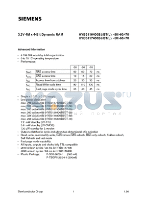 HYB3116400BT-50 datasheet - 3.3V 4M x 4-Bit Dynamic RAM