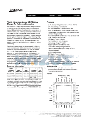 ISL6257HRZ datasheet - Highly Integrated Narrow VDC Battery Charger for Notebook Computers