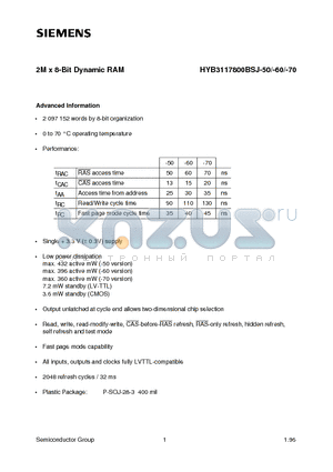 HYB3117800BSJ-60 datasheet - 2M x 8-Bit Dynamic RAM