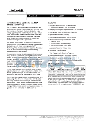 ISL6264CRZ-T datasheet - Two-Phase Core Controller for AMD Mobile Turion CPUs