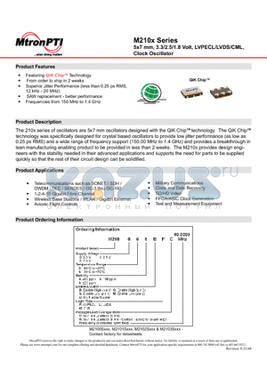 M210023GMN datasheet - 5x7 mm, 3.3/2.5/1.8 Volt, LVPECL/LVDS/CML, Clock Oscillator