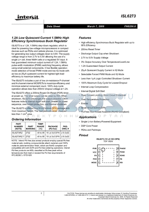 ISL6273IRZ datasheet - 1.2A Low Quiescent Current 1.5MHz High Efficiency Synchronous Buck Regulator