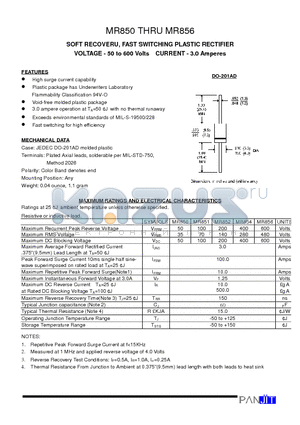 MR851 datasheet - SOFT RECOVERU, FAST SWITCHING PLASTIC RECTIFIER(VOLTAGE - 50 to 600 Volts CURRENT - 3.0 Amperes)