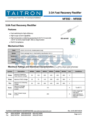 MR851 datasheet - 3.0A Fast Recovery Rectifier