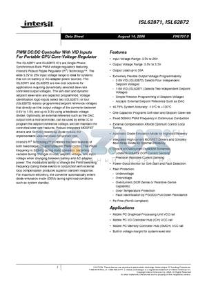 ISL62872HRUZ-T datasheet - PWM DC/DC Controller With VID Inputs For Portable GPU Core-Voltage Regulator