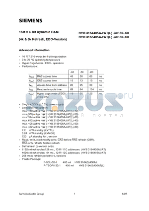 HYB3164405AJ datasheet - 16M x 4-Bit Dynamic RAM