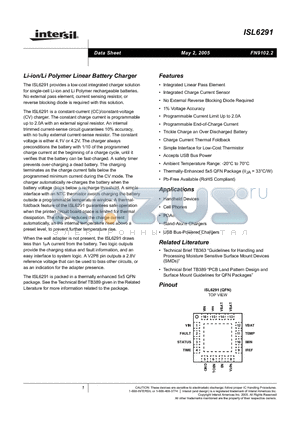 ISL6291-1CR datasheet - Li-ion/Li Polymer Linear Battery Charger